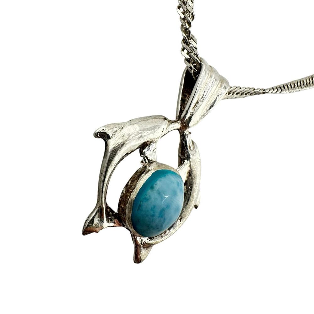 925 Sterling Silver Dolphins Larimar Blue Cabachon 24" Chain Pendant Necklace